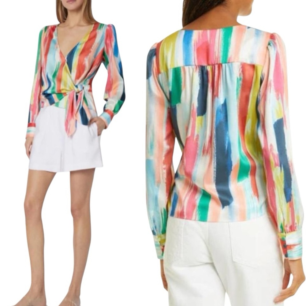 MILLY Multicolor Watercolor Brushstroke Print Wrap Blouse - S